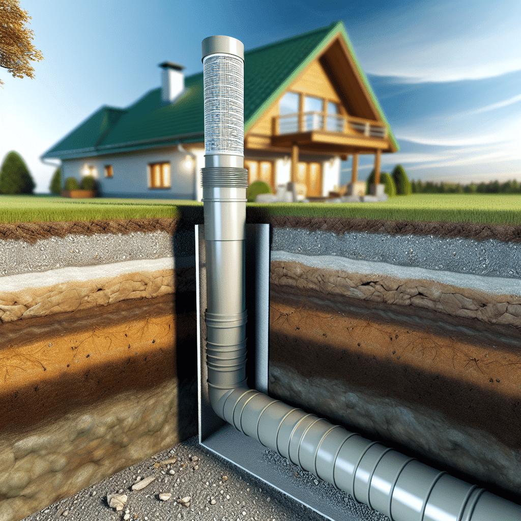 Puits canadien installé dans un jardin avec un conduit enterré illustrant le principe de la géothermie pour le chauffage et la climatisation naturelle d'une maison. Ce système écologique optimise la consommation énergétique et améliore le confort thermique intérieur toute l'année.