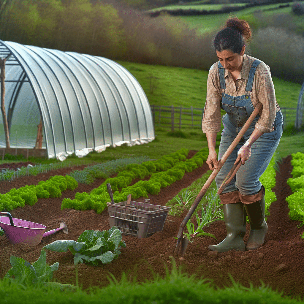 Photographie d’un maraîcher travaillant manuellement dans une microferme biologique, entouré de cultures diversifiées sur planches permanentes, avec en arrière-plan une serre tunnel sur petite surface – illustration de l’agriculture bio-intensive, durable et locale, optimisée sur moins d’un hectare, symbolisant les défis et opportunités du maraîchage agroécologique à échelle réduite.