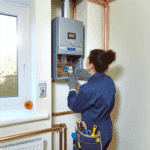 Visuel représentant un chauffagiste professionnel effectuant l’entretien annuel d’une chaudière domestique, avec vérification des composants et mesure des émissions, illustrant l’obligation légale pour tout système de chauffage entre 4 et 400 kW, enjeu crucial pour la sécurité, la performance énergétique et la réduction des risques de sinistre selon le décret n°2009-649 – image optimisée pour le SEO sur les mots-clés : entretien chaudière, sécurité chauffage, certificat d’entretien, économies d’énergie.