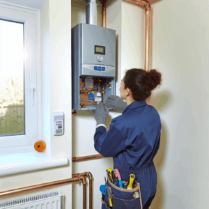 Visuel représentant un chauffagiste professionnel effectuant l’entretien annuel d’une chaudière domestique, avec vérification des composants et mesure des émissions, illustrant l’obligation légale pour tout système de chauffage entre 4 et 400 kW, enjeu crucial pour la sécurité, la performance énergétique et la réduction des risques de sinistre selon le décret n°2009-649 – image optimisée pour le SEO sur les mots-clés : entretien chaudière, sécurité chauffage, certificat d’entretien, économies d’énergie.