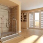 Visuel illustrant les défis du vieillissement de la population en France avec un focus sur l'adaptation des logements pour les seniors : aménagement d'une salle de bain sécurisée avec douche de plain-pied et barres d'appui, symbolisant les solutions apportées par des dispositifs comme Ma Prime Adapt', visant à garantir autonomie, sécurité et qualité de vie à domicile.