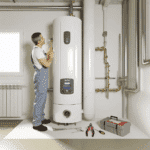 Visuel d’un chauffe-eau thermodynamique installé dans une buanderie moderne, avec ses composants visibles (ballon d’eau chaude, pompe à chaleur, évaporateur), illustrant l’importance de l’entretien régulier pour garantir une performance énergétique optimale, éviter le calcaire et prolonger la durée de vie de l’appareil.