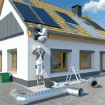 Visuel montrant un système de ventilation innovant installé dans un bâtiment résidentiel moderne, illustrant la performance énergétique, la qualité de l’air intérieur et le confort thermique ; l’image intègre des équipements de VMC double flux, des conduits d’évacuation de fumées et des isolants thermiques, symbolisant une solution durable pour habitat éco-responsable — idéal pour les professionnels du bâtiment en quête d’efficacité énergétique et de conformité environnementale.