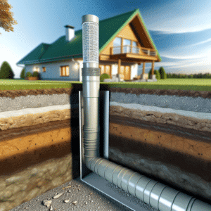 Puits canadien installé dans un jardin avec un conduit enterré illustrant le principe de la géothermie pour le chauffage et la climatisation naturelle d'une maison. Ce système écologique optimise la consommation énergétique et améliore le confort thermique intérieur toute l'année.