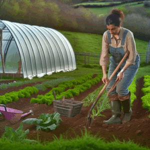 Photographie d’un maraîcher travaillant manuellement dans une microferme biologique, entouré de cultures diversifiées sur planches permanentes, avec en arrière-plan une serre tunnel sur petite surface – illustration de l’agriculture bio-intensive, durable et locale, optimisée sur moins d’un hectare, symbolisant les défis et opportunités du maraîchage agroécologique à échelle réduite.