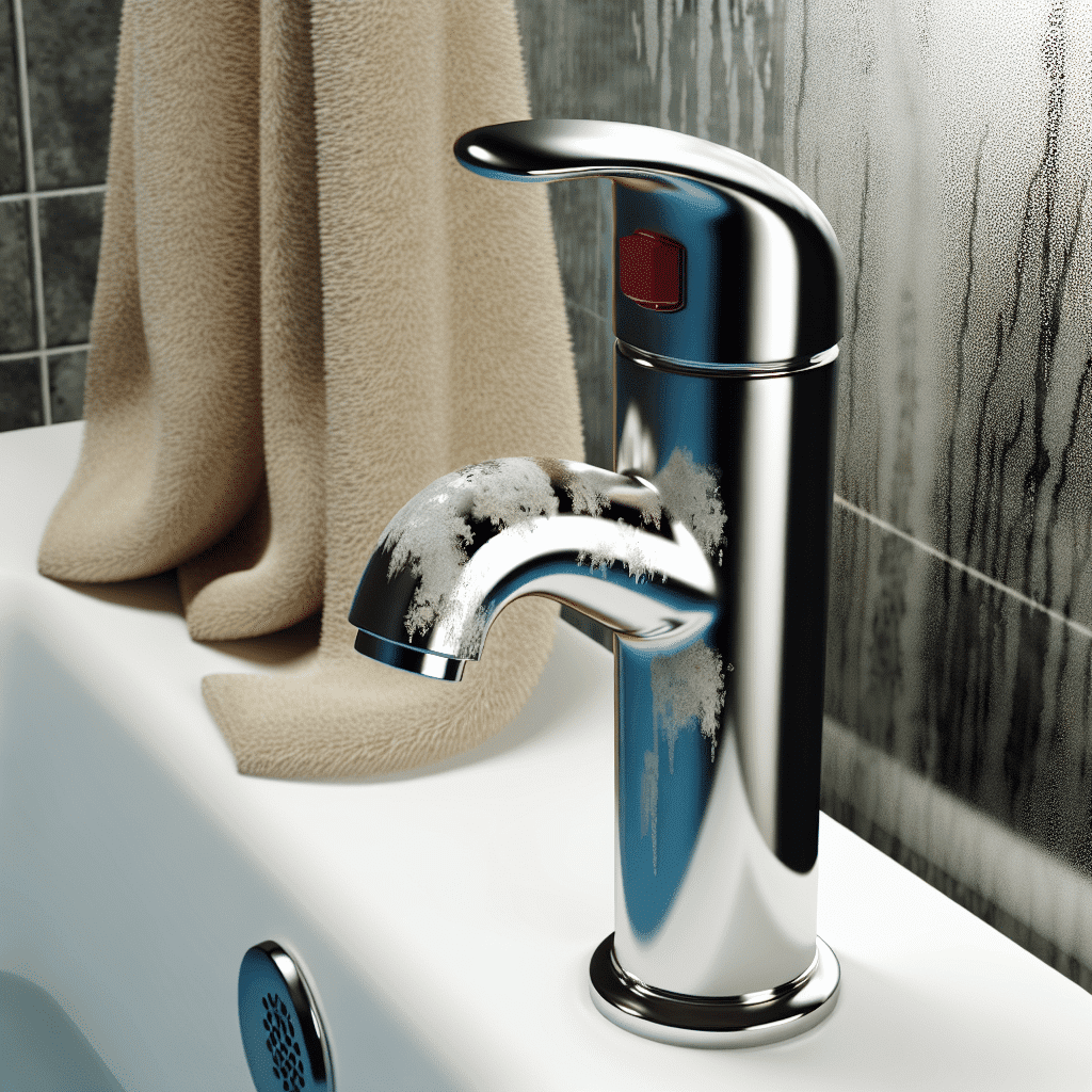 Visuel illustrant les effets du calcaire dans l’eau domestique : accumulation de tartre sur une résistance de chauffe-eau, robinet entartré et linge rêche en arrière-plan, montrant les impacts du calcaire sur les équipements électroménagers et le quotidien des foyers – optimisation SEO : calcaire eau robinet, tartre appareil électroménager, entartrage robinet, eau dure installation domestique.