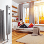 Visuel illustrant des solutions pour réduire sa consommation de chauffage : thermostat réglé à 19°C dans un intérieur cosy, radiateur moderne à inertie, double vitrage et rideaux thermiques, symboles d'isolation et d'économie d'énergie — image optimisée pour les mots-clés "réduire consommation chauffage", "confort thermique", "économie énergie hiver", "chauffage intelligent maison".