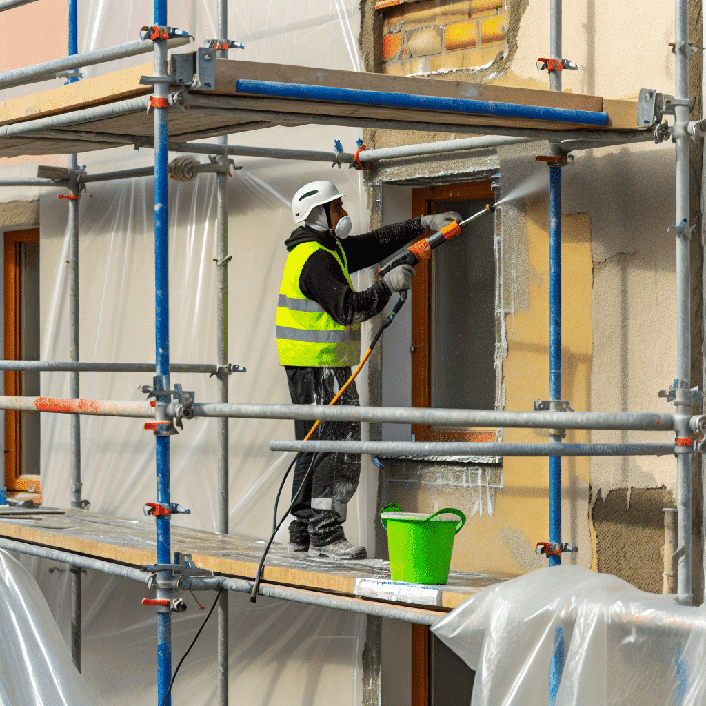 Travaux de préparation d’une façade pour isolation thermique par l’extérieur (ITE) : nettoyage des murs, élimination des irrégularités, retrait des éléments en relief, contrôle de la planéité, traitement antifongique et mise en place des protections avant la pose de l’isolant – étapes clés pour une rénovation énergétique performante et durable.