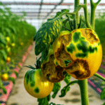 Gros plan sur une tomate infectée par le virus ToBRFV (Tomato Brown Rugose Fruit Virus) montrant des taches brunes irrégulières, une surface rugueuse et une maturation incomplète – symptômes typiques d'une contamination virale des cultures de tomates, illustrant les risques agricoles liés au ToBRFV.