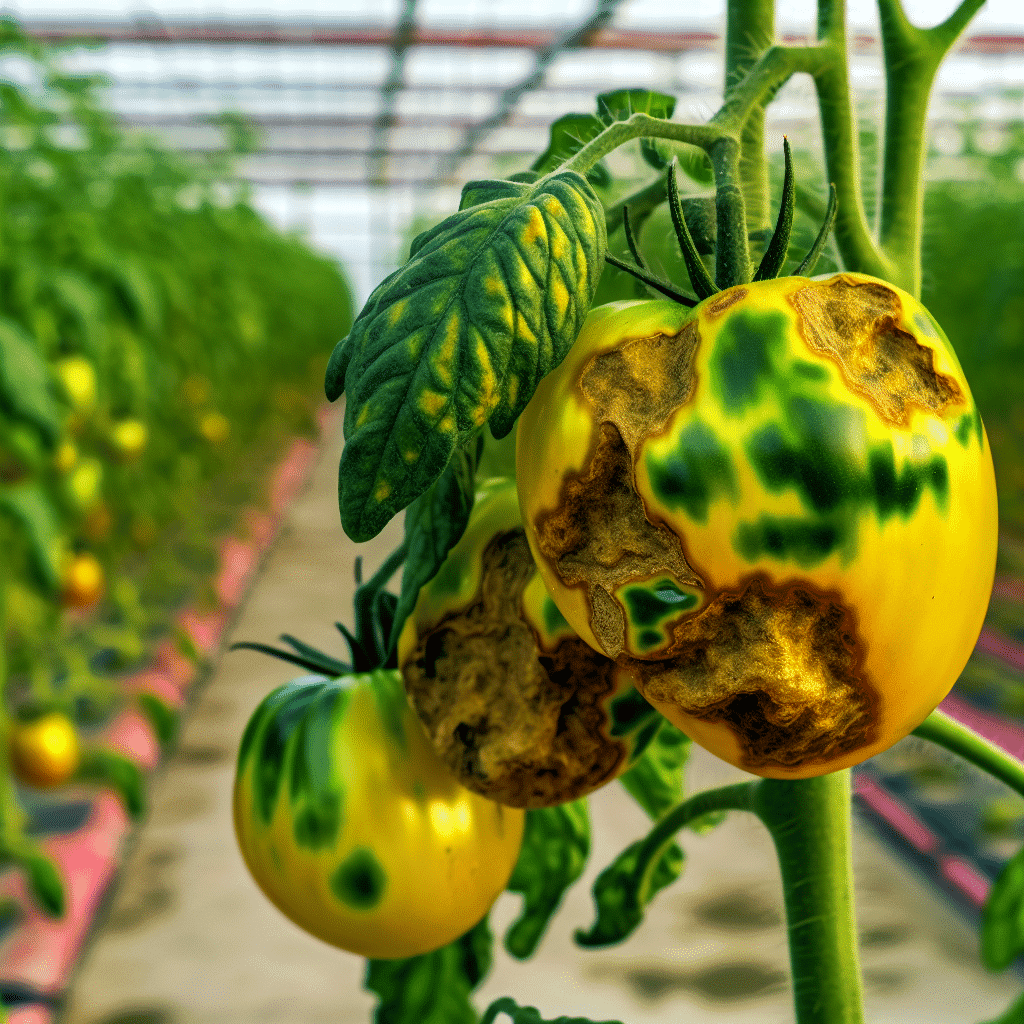 Gros plan sur une tomate infectée par le virus ToBRFV (Tomato Brown Rugose Fruit Virus) montrant des taches brunes irrégulières, une surface rugueuse et une maturation incomplète – symptômes typiques d'une contamination virale des cultures de tomates, illustrant les risques agricoles liés au ToBRFV.