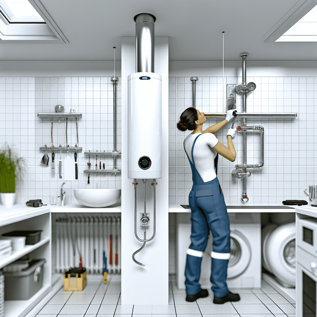 Visuel montrant un professionnel certifié RGE en train d’installer un chauffe-eau thermodynamique dans une maison ancienne, illustrant le remplacement éco-responsable d’un ancien système de production d’eau chaude, avec mise en évidence du dispositif de TVA réduite à 5,5 %, en lien avec les aides à la rénovation énergétique, pour améliorer les performances du logement tout en réduisant la facture d’énergie.