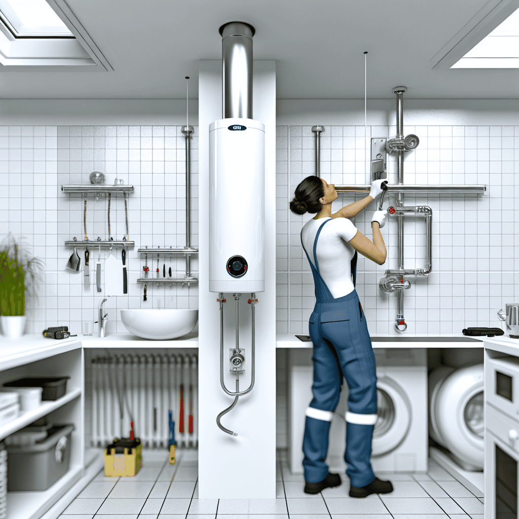 Visuel montrant un professionnel certifié RGE en train d’installer un chauffe-eau thermodynamique dans une maison ancienne, illustrant le remplacement éco-responsable d’un ancien système de production d’eau chaude, avec mise en évidence du dispositif de TVA réduite à 5,5 %, en lien avec les aides à la rénovation énergétique, pour améliorer les performances du logement tout en réduisant la facture d’énergie.