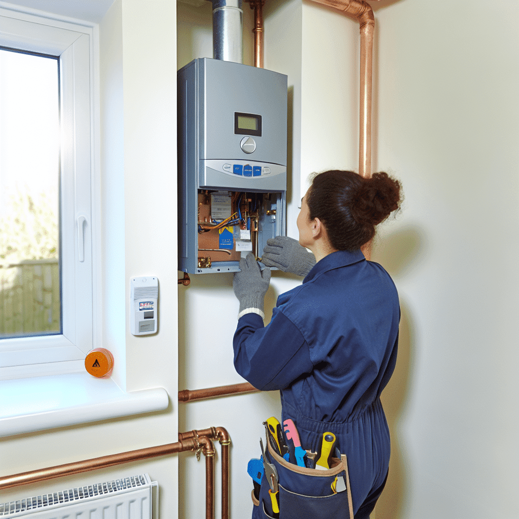 Visuel représentant un chauffagiste professionnel effectuant l’entretien annuel d’une chaudière domestique, avec vérification des composants et mesure des émissions, illustrant l’obligation légale pour tout système de chauffage entre 4 et 400 kW, enjeu crucial pour la sécurité, la performance énergétique et la réduction des risques de sinistre selon le décret n°2009-649 – image optimisée pour le SEO sur les mots-clés : entretien chaudière, sécurité chauffage, certificat d’entretien, économies d’énergie.