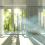 Image illustrant un intérieur de maison lumineux avec des fenêtres ouvertes favorisant la ventilation naturelle, symbolisant l’importance d’un air intérieur sain, sans humidité ni pollution, pour une maison écologique, confortable et bien ventilée.