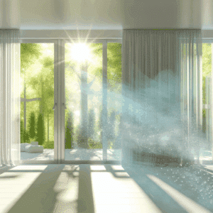 Image illustrant un intérieur de maison lumineux avec des fenêtres ouvertes favorisant la ventilation naturelle, symbolisant l’importance d’un air intérieur sain, sans humidité ni pollution, pour une maison écologique, confortable et bien ventilée.