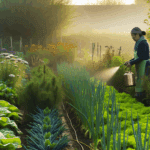 Visuel illustrant les gestes essentiels de jardinage en biodynamie en septembre : jardin en fin d’été avec semis d’engrais verts, plantations de saison, préparations biodynamiques (bouse de corne, silice), et outils de jardinage posés au sol, sous une lumière douce du matin – image optimisée SEO pour "jardiner en septembre en biodynamie", "préparations biodynamiques", "engrais verts automne", "cycle lunaire jardin"