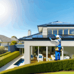 Visuel illustrant des travaux de rénovation énergétique dans une maison individuelle, avec des ouvriers installant une isolation thermique et des panneaux solaires en toiture – concept d'économies d'énergie, transition écologique et exonération de taxe foncière grâce à la rénovation d’un logement – image optimisée pour le SEO sur la thématique "rénovation énergétique exonération taxe foncière habitation écologique".