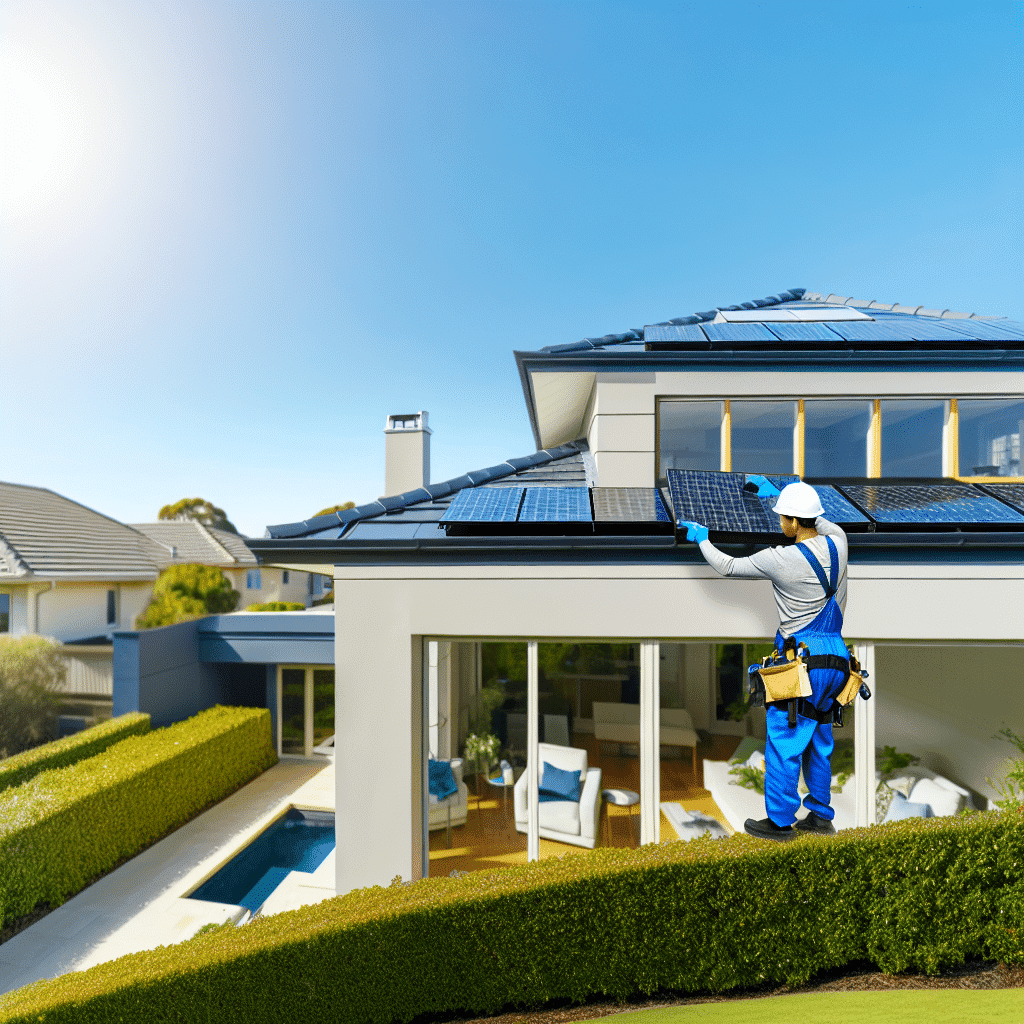 Visuel illustrant des travaux de rénovation énergétique dans une maison individuelle, avec des ouvriers installant une isolation thermique et des panneaux solaires en toiture – concept d'économies d'énergie, transition écologique et exonération de taxe foncière grâce à la rénovation d’un logement – image optimisée pour le SEO sur la thématique "rénovation énergétique exonération taxe foncière habitation écologique".