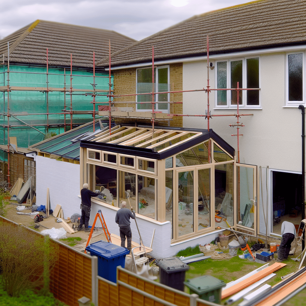 Visuel illustrant un propriétaire consultant en ligne les démarches fiscales à effectuer après des travaux de rénovation ou d’agrandissement, avec en arrière-plan une maison en construction ou en transformation – image optimisée pour les recherches liées à la déclaration de travaux aux impôts, la fiscalité immobilière, la taxe foncière, l’agrandissement de logement, et les obligations fiscales après travaux.