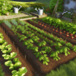 Visuel d’un potager en permaculture avec différentes variétés de légumes cultivés par échelonnement saisonnier : jeunes plants de salades, tomates en fleurs, radis prêts à être récoltés et courgettes en croissance, illustrant une planification horticole durable face aux aléas climatiques – stratégie de jardinage échelonné pour optimiser les récoltes, limiter les pertes et favoriser la biodiversité au jardin.