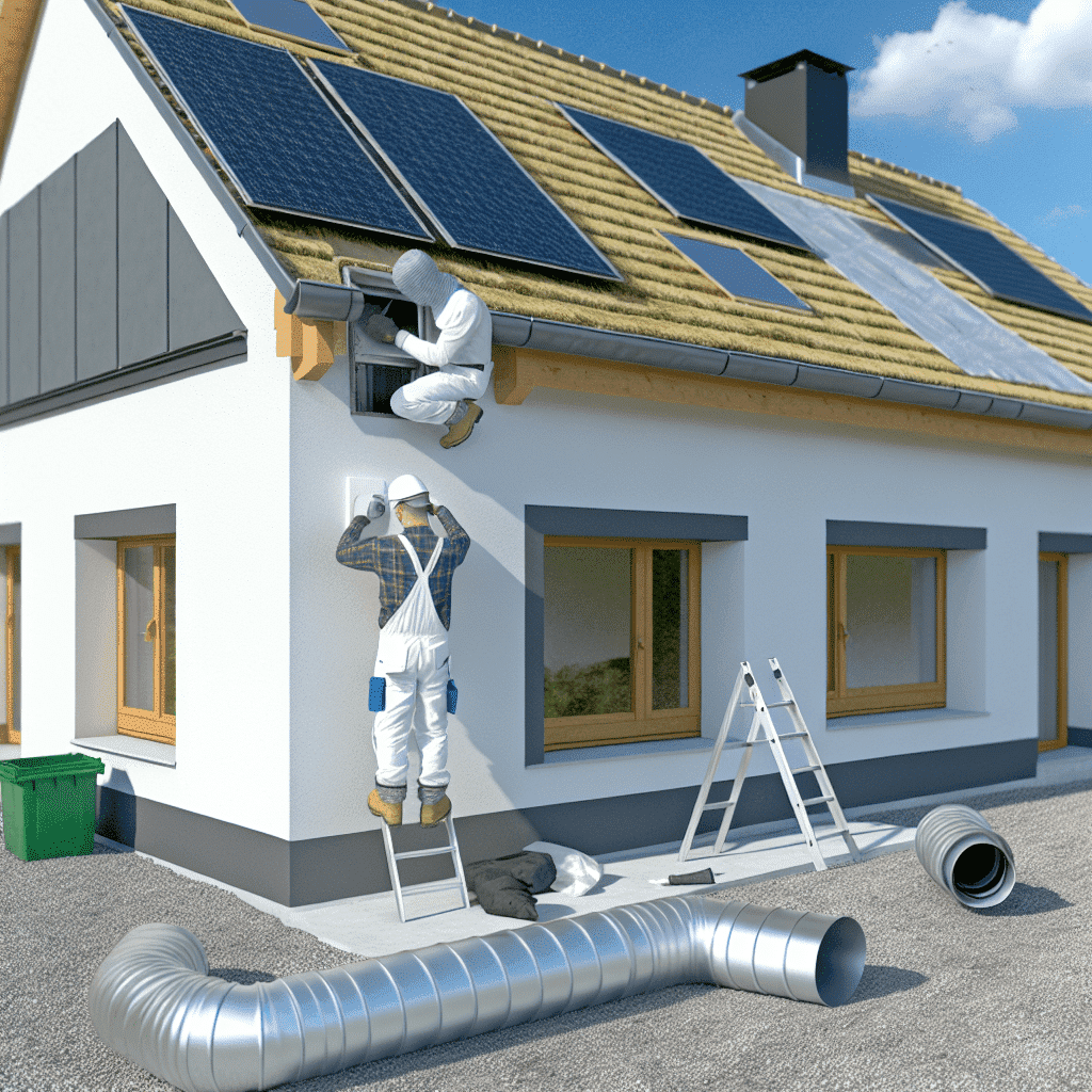 Visuel montrant un système de ventilation innovant installé dans un bâtiment résidentiel moderne, illustrant la performance énergétique, la qualité de l’air intérieur et le confort thermique ; l’image intègre des équipements de VMC double flux, des conduits d’évacuation de fumées et des isolants thermiques, symbolisant une solution durable pour habitat éco-responsable — idéal pour les professionnels du bâtiment en quête d’efficacité énergétique et de conformité environnementale.