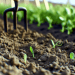 Gros plan sur des mains de jardinier en train de semer des graines de petits pois dans un sol fertile, bien ameublé et préparé pour le semis, avec des outils de jardinage naturels visibles en arrière-plan — illustration parfaite d’un semis écoresponsable de petits pois au potager au début du printemps.