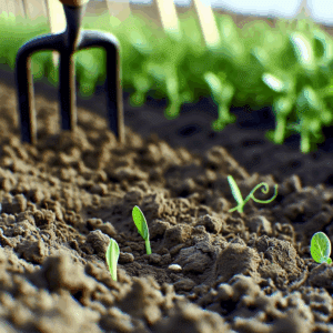Gros plan sur des mains de jardinier en train de semer des graines de petits pois dans un sol fertile, bien ameublé et préparé pour le semis, avec des outils de jardinage naturels visibles en arrière-plan — illustration parfaite d’un semis écoresponsable de petits pois au potager au début du printemps.