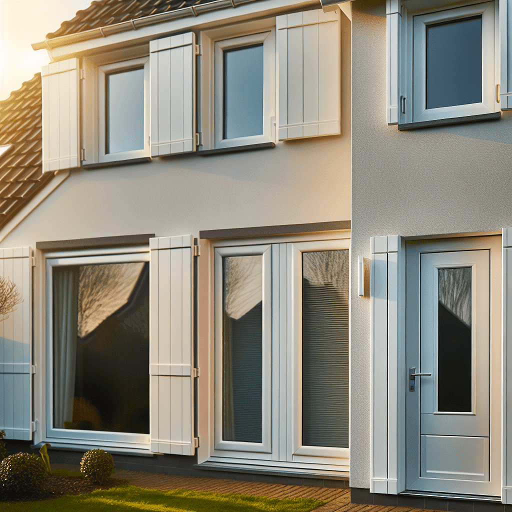 Visuel illustrant des menuiseries en PVC modernes (fenêtres, portes, volets) installées sur la façade d'une maison rénovée, mettant en avant l'isolation thermique, l’esthétique personnalisable, la durabilité et l'avantage économique du matériau – solution idéale pour la rénovation énergétique et compatible avec les aides à la transition énergétique.