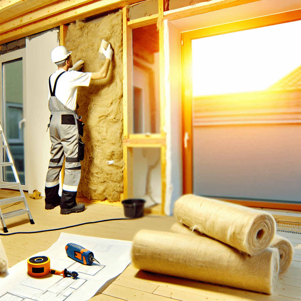 Visuel illustrant des travaux de rénovation énergétique dans une maison individuelle : ouvriers installant une isolation thermique sous toiture avec matériaux écologiques, représentant les démarches éligibles à MaPrimeRénov' et les nouvelles règles fiscales 2024 – optimisé pour SEO sur les thématiques "travaux rénovation énergétique", "déclaration impôts", "MaPrimeRénov", "isolation thermique maison".