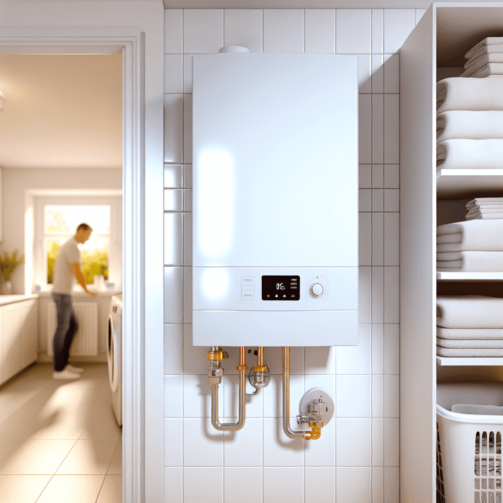 Visuel illustrant deux chaudières gaz côte à côte dans une buanderie moderne : à gauche, une chaudière à accumulation avec ballon intégré, idéale pour les grandes familles avec plusieurs points de puisage, à droite, une chaudière à micro-accumulation compacte, adaptée aux petits foyers – image optimisée pour article sur le choix de chaudière gaz selon les besoins en chauffage et eau chaude sanitaire.