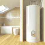 Visuel illustrant un ballon d’eau chaude installé dans une buanderie moderne – chauffe-eau électrique mural blanc relié à des tuyaux d’alimentation, accompagné d’un compteur d’énergie, démontrant une installation sanitaire adaptée aux besoins domestiques – optimisation de la capacité du chauffe-eau selon le nombre d’occupants et les usages quotidiens – illustration du confort thermique et de l’économie d’énergie pour un logement éco-responsable.