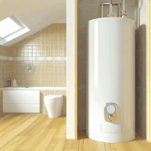 Visuel illustrant un ballon d’eau chaude installé dans une buanderie moderne – chauffe-eau électrique mural blanc relié à des tuyaux d’alimentation, accompagné d’un compteur d’énergie, démontrant une installation sanitaire adaptée aux besoins domestiques – optimisation de la capacité du chauffe-eau selon le nombre d’occupants et les usages quotidiens – illustration du confort thermique et de l’économie d’énergie pour un logement éco-responsable.