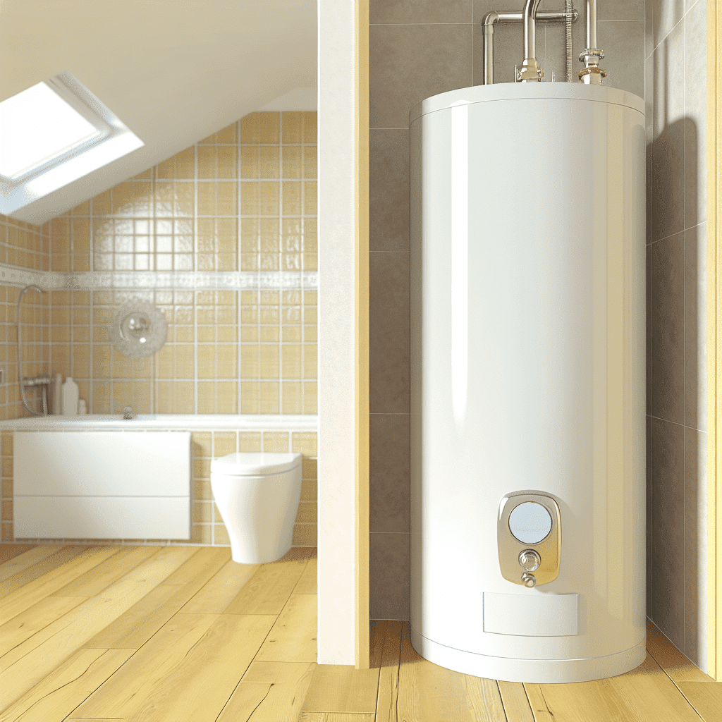 Visuel illustrant un ballon d’eau chaude installé dans une buanderie moderne – chauffe-eau électrique mural blanc relié à des tuyaux d’alimentation, accompagné d’un compteur d’énergie, démontrant une installation sanitaire adaptée aux besoins domestiques – optimisation de la capacité du chauffe-eau selon le nombre d’occupants et les usages quotidiens – illustration du confort thermique et de l’économie d’énergie pour un logement éco-responsable.