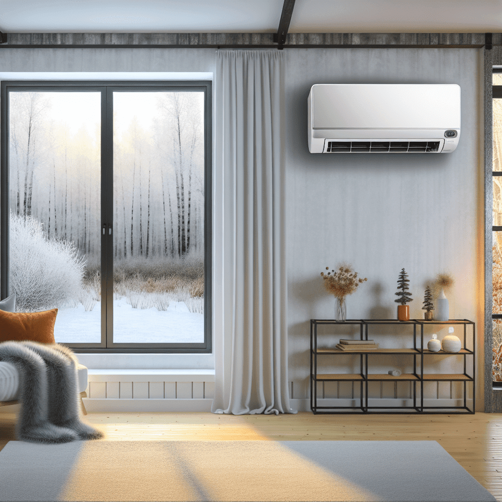 Visuel illustrant une climatisation réversible murale installée dans un salon moderne et lumineux, fonctionnant en mode chauffage durant l’hiver, avec une unité intérieure diffusant de l’air chaud ; image optimisée pour illustrer les avantages d’un chauffage écologique, économique et performant basé sur l’aérothermie, idéal pour réduire sa consommation énergétique et son empreinte carbone.
