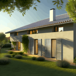 Visuel illustrant le principe du déphasage thermique dans une maison : coupe d’un logement exposé à un fort ensoleillement estival, avec schématisation du trajet de la chaleur ralenti par des matériaux isolants naturels (liège, ouate de cellulose, panneaux de bois) ; indication du délai de transfert thermique vers l’intérieur ; éléments de protection solaire (volets, stores, végétation extérieure) ; optimisation SEO : confort thermique été, isolation performante, retard chaleur, économies climatisation, déphasage thermique maison, matériaux isolants canicule.