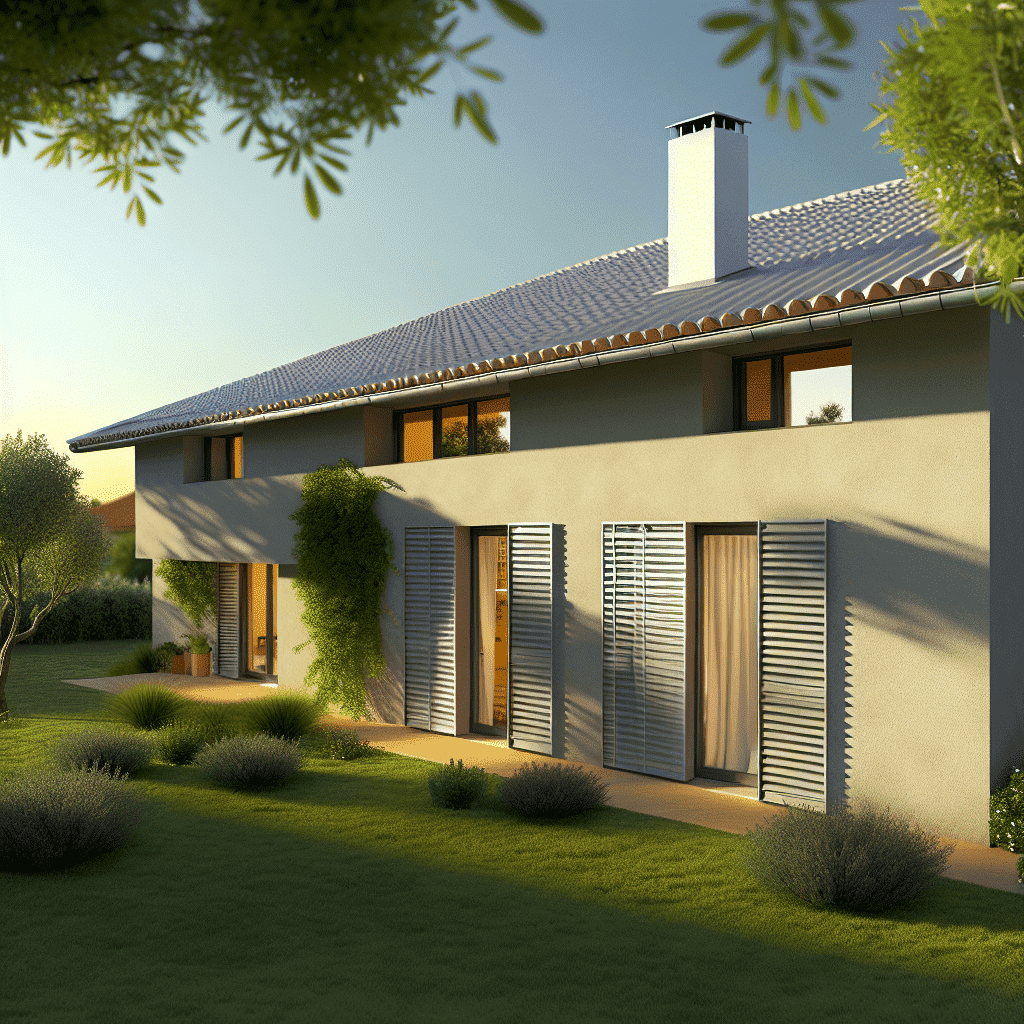 Visuel illustrant le principe du déphasage thermique dans une maison : coupe d’un logement exposé à un fort ensoleillement estival, avec schématisation du trajet de la chaleur ralenti par des matériaux isolants naturels (liège, ouate de cellulose, panneaux de bois) ; indication du délai de transfert thermique vers l’intérieur ; éléments de protection solaire (volets, stores, végétation extérieure) ; optimisation SEO : confort thermique été, isolation performante, retard chaleur, économies climatisation, déphasage thermique maison, matériaux isolants canicule.