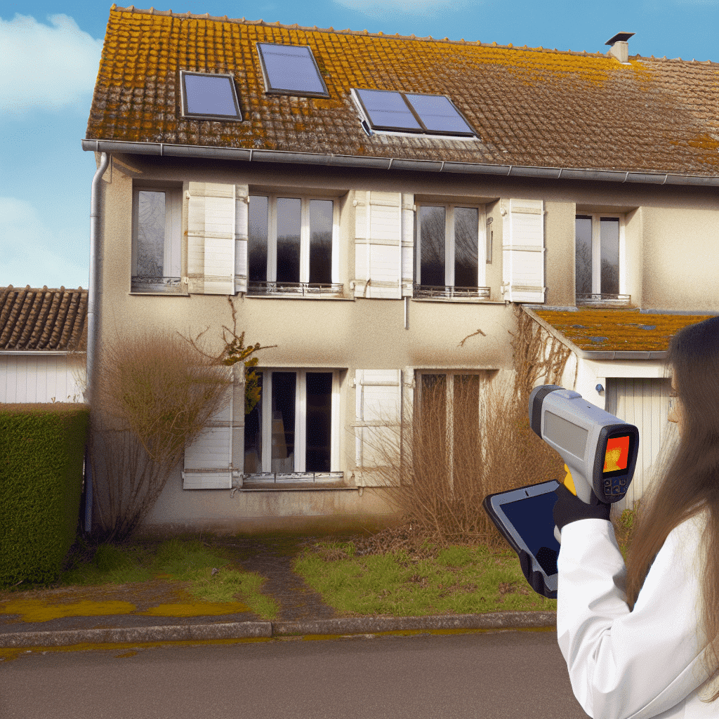 Illustration d’un Diagnostic de Performance Énergétique avec focus sur l’étiquette E : schéma coloré allant de A (vert) à G (rouge) mettant en avant la classe E, symbole d’un logement moyennement performant ; image accompagnée d’icônes représentant la consommation énergétique, les émissions de gaz à effet de serre, et des suggestions de rénovation comme l’isolation, la ventilation et le chauffage, reflétant les enjeux de performance énergétique et de transition écologique pour améliorer la valeur immobilière d’un bien classé E.