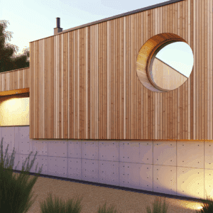 Visuel représentant une fenêtre ronde ou œil-de-bœuf intégrée dans une façade contemporaine, mettant en valeur son design circulaire unique, son apport lumineux et sa capacité à s'harmoniser avec différents matériaux (bois, alu, PVC) — symbole d’alliance entre esthétisme architectural, performance thermique et ventilation naturelle — adaptée aux maisons modernes ou rénovations énergétiquement responsables.