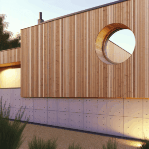 Visuel représentant une fenêtre ronde ou œil-de-bœuf intégrée dans une façade contemporaine, mettant en valeur son design circulaire unique, son apport lumineux et sa capacité à s'harmoniser avec différents matériaux (bois, alu, PVC) — symbole d’alliance entre esthétisme architectural, performance thermique et ventilation naturelle — adaptée aux maisons modernes ou rénovations énergétiquement responsables.