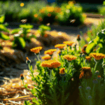 Fleur de souci (Calendula officinalis) en pleine floraison dans un jardin écologique, aux pétales jaune orangé éclatants, illustrant ses multiples usages ornementaux, médicinaux et écologiques – plante mellifère, compagne du potager et remède naturel en phytothérapie.