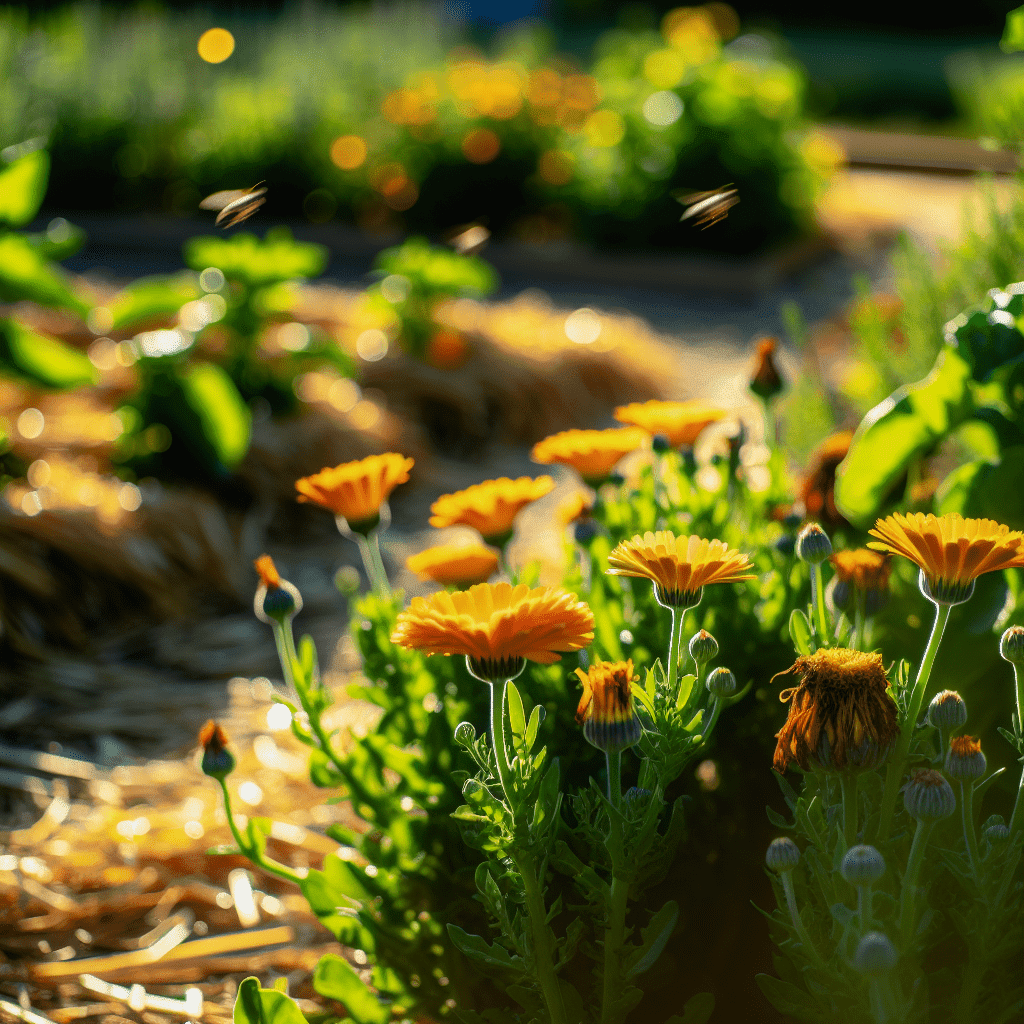 Fleur de souci (Calendula officinalis) en pleine floraison dans un jardin écologique, aux pétales jaune orangé éclatants, illustrant ses multiples usages ornementaux, médicinaux et écologiques – plante mellifère, compagne du potager et remède naturel en phytothérapie.