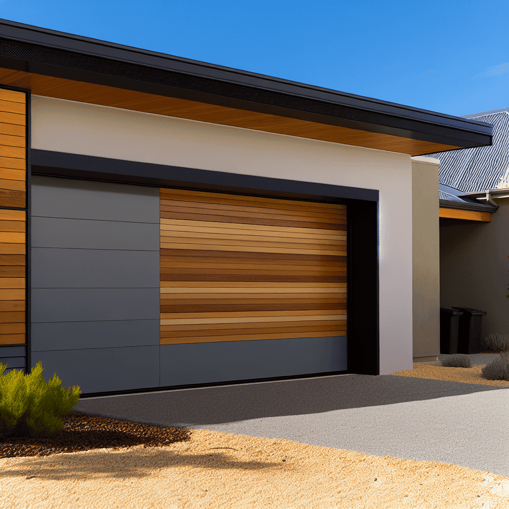 Vue d’un garage moderne avec plusieurs portes illustrant différents types de matériaux (bois, aluminium, PVC, acier) et systèmes d’ouverture (sectionnelle, basculante, enroulable, battante), symbolisant le choix d’une porte de garage sur-mesure selon les critères d’isolation, de sécurité et d’esthétique.