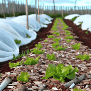 Visuel montrant une parcelle de potager en fin d’hiver recouverte de bois raméal fragmenté (BRF) avec différentes cultures en cours d’implantation : plants de pommes de terre protégés sous voile, jeunes salades à feuille de chêne bien développées, et poquets de semis de concombres. L’image illustre les essais précoces de plantation sur sol paillé en BRF, mettant en avant une agriculture écologique, un sol vivant et les techniques de jardinage durable adaptées à la saison froide.