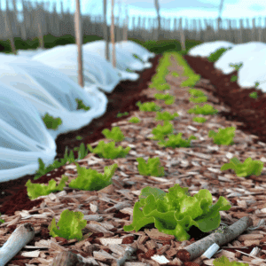 Visuel montrant une parcelle de potager en fin d’hiver recouverte de bois raméal fragmenté (BRF) avec différentes cultures en cours d’implantation : plants de pommes de terre protégés sous voile, jeunes salades à feuille de chêne bien développées, et poquets de semis de concombres. L’image illustre les essais précoces de plantation sur sol paillé en BRF, mettant en avant une agriculture écologique, un sol vivant et les techniques de jardinage durable adaptées à la saison froide.