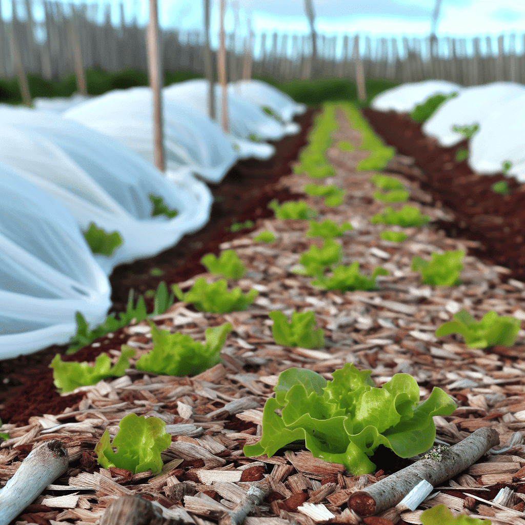 Visuel montrant une parcelle de potager en fin d’hiver recouverte de bois raméal fragmenté (BRF) avec différentes cultures en cours d’implantation : plants de pommes de terre protégés sous voile, jeunes salades à feuille de chêne bien développées, et poquets de semis de concombres. L’image illustre les essais précoces de plantation sur sol paillé en BRF, mettant en avant une agriculture écologique, un sol vivant et les techniques de jardinage durable adaptées à la saison froide.