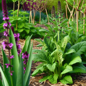Photographie de pieds de consoude Bocking 14 en pleine croissance dans un potager écologique, illustrant ses utilisations comme engrais naturel, paillage et accélérateur de compost, au cœur d’un jardin en permaculture durable – plante riche en potasse idéale pour stimuler floraison, fructification et régénération du sol.