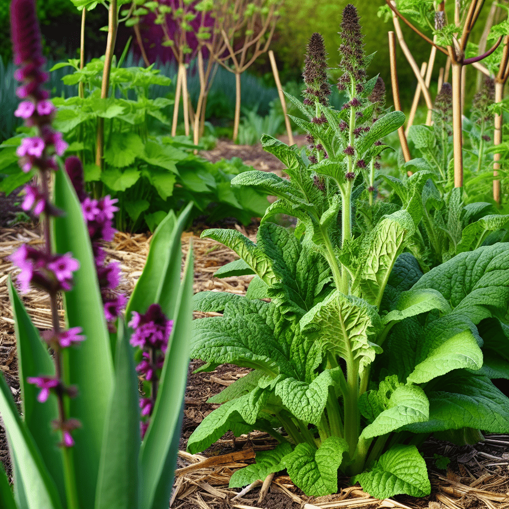 Photographie de pieds de consoude Bocking 14 en pleine croissance dans un potager écologique, illustrant ses utilisations comme engrais naturel, paillage et accélérateur de compost, au cœur d’un jardin en permaculture durable – plante riche en potasse idéale pour stimuler floraison, fructification et régénération du sol.