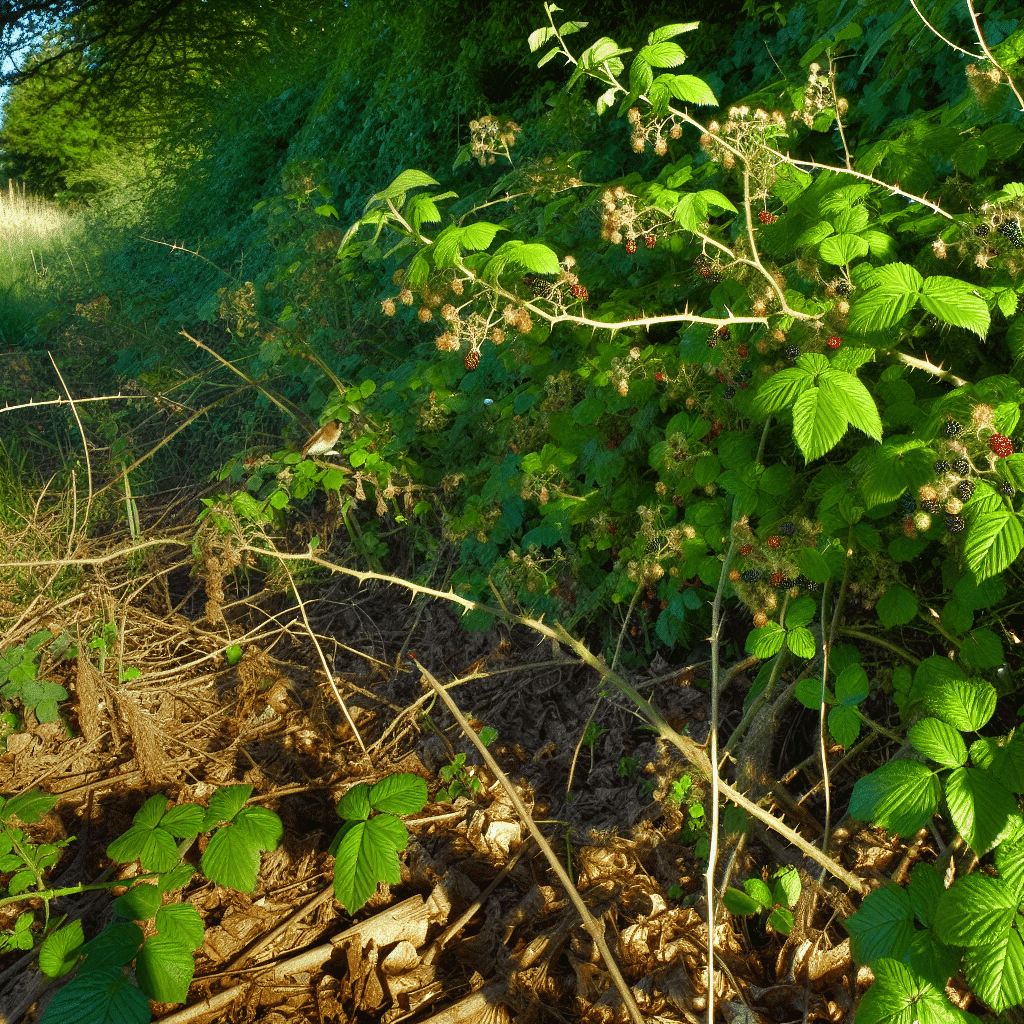 Massif de ronciers sauvages en lisière de forêt offrant un abri naturel à la faune, avec des mûres mûres visibles parmi les feuillages épineux — végétation spontanée bénéfique pour la biodiversité, la régénération des sols et la protection des jeunes plants dans un écosystème jardinier durable.