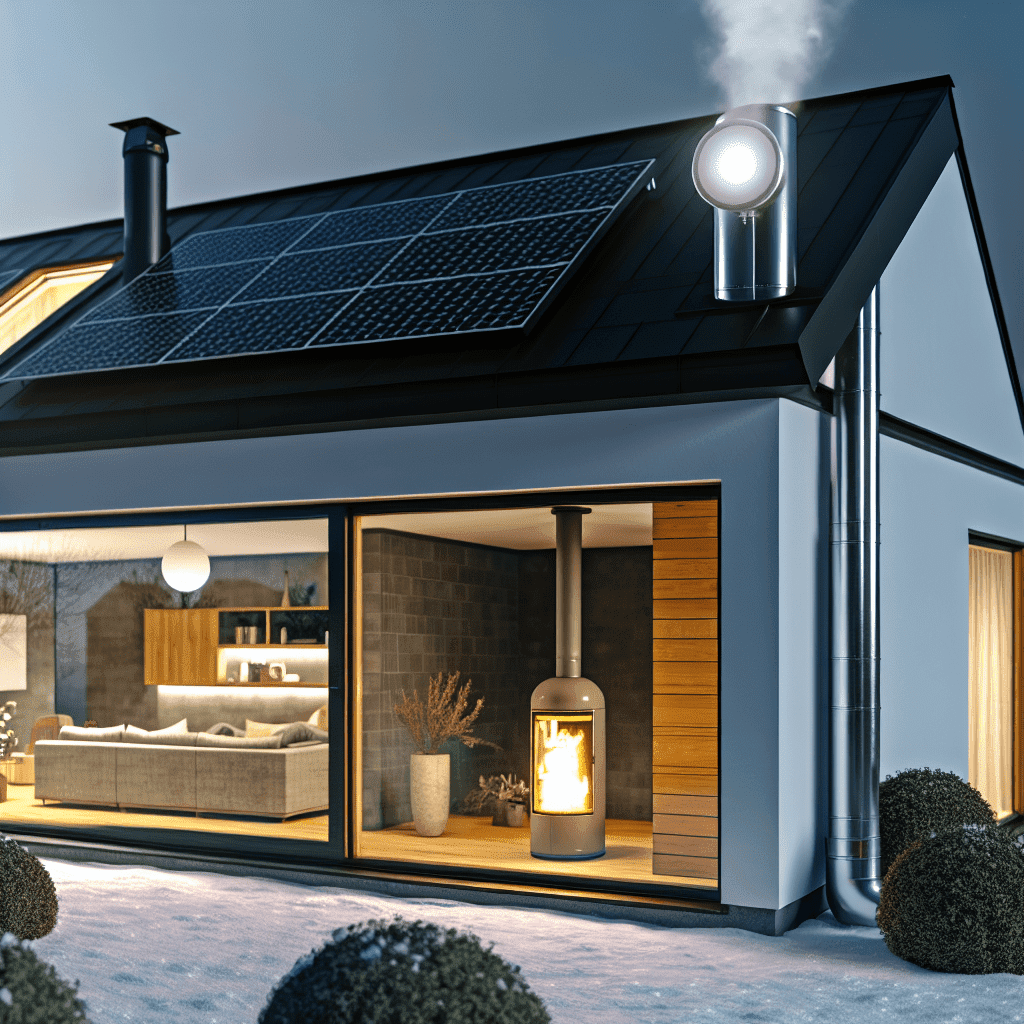 Visuel illustrant les alternatives au chauffage gaz : panneaux solaires, chaudière biomasse et pompe à chaleur, symbolisant les solutions durables face aux enjeux climatiques et à la transition énergétique.
