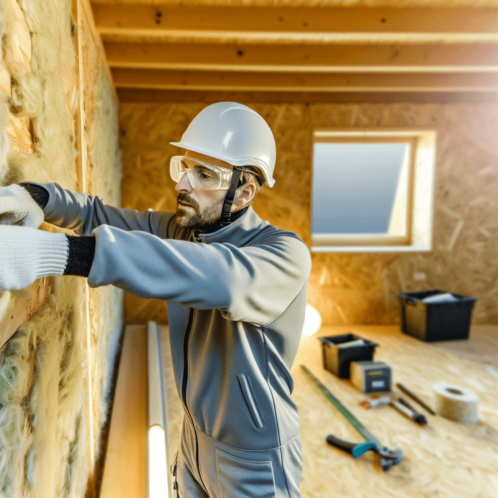 `Image illustrant un artisan certifié RGE en pleine rénovation énergétique d'une maison, mettant en avant des pratiques écoresponsables et l'utilisation de matériaux innovants comme l'isolation thermique des murs. Découvrez comment le label RGE garantit des travaux de qualité et ouvre l'accès aux aides financières publiques pour la transition énergétique.`